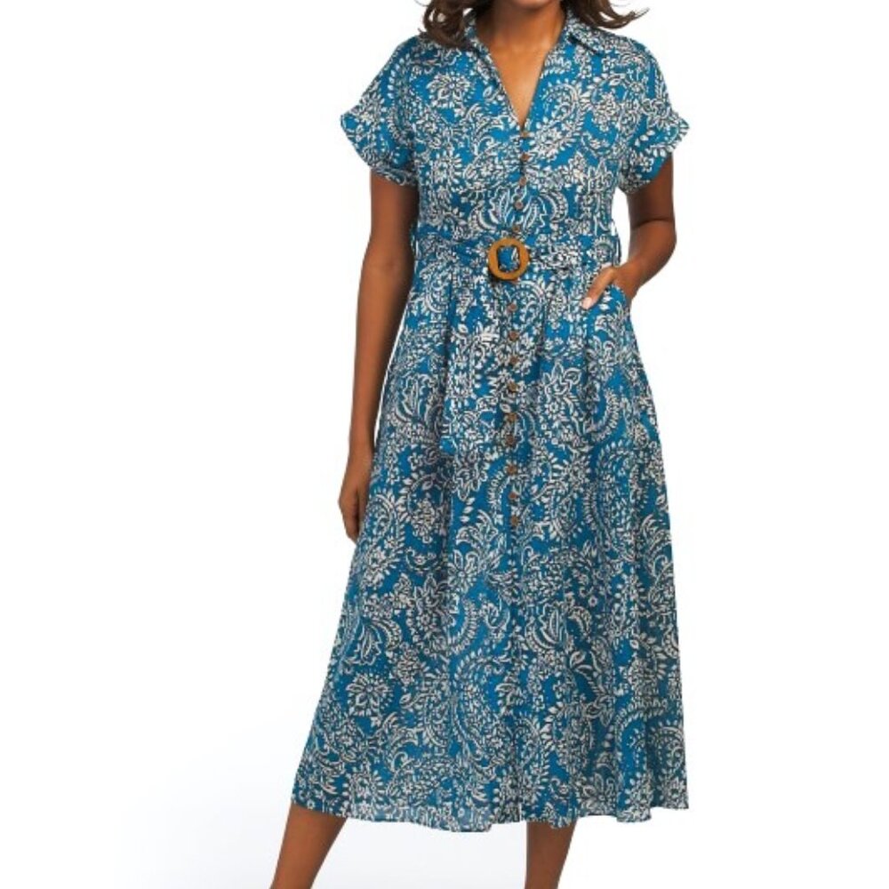 ZARA 100% Cotton Floral Blue Midi Dress Medium Button Front Belt Paisley Print - Picture 2 of 12